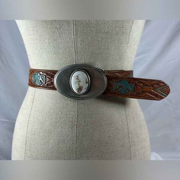 Vintage southwestern leather belt with buckle  size 39 large - Picture 2 of 12
